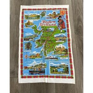 Vintage Linen Tea Towel Western Scotland Map Scottish Heritage